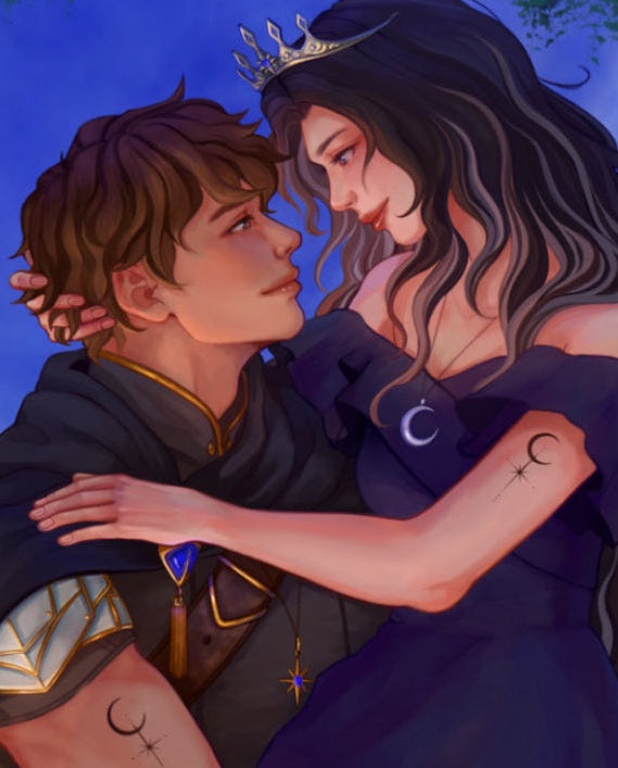 Illustration of a couple embracing with a castle and floral elements in the background